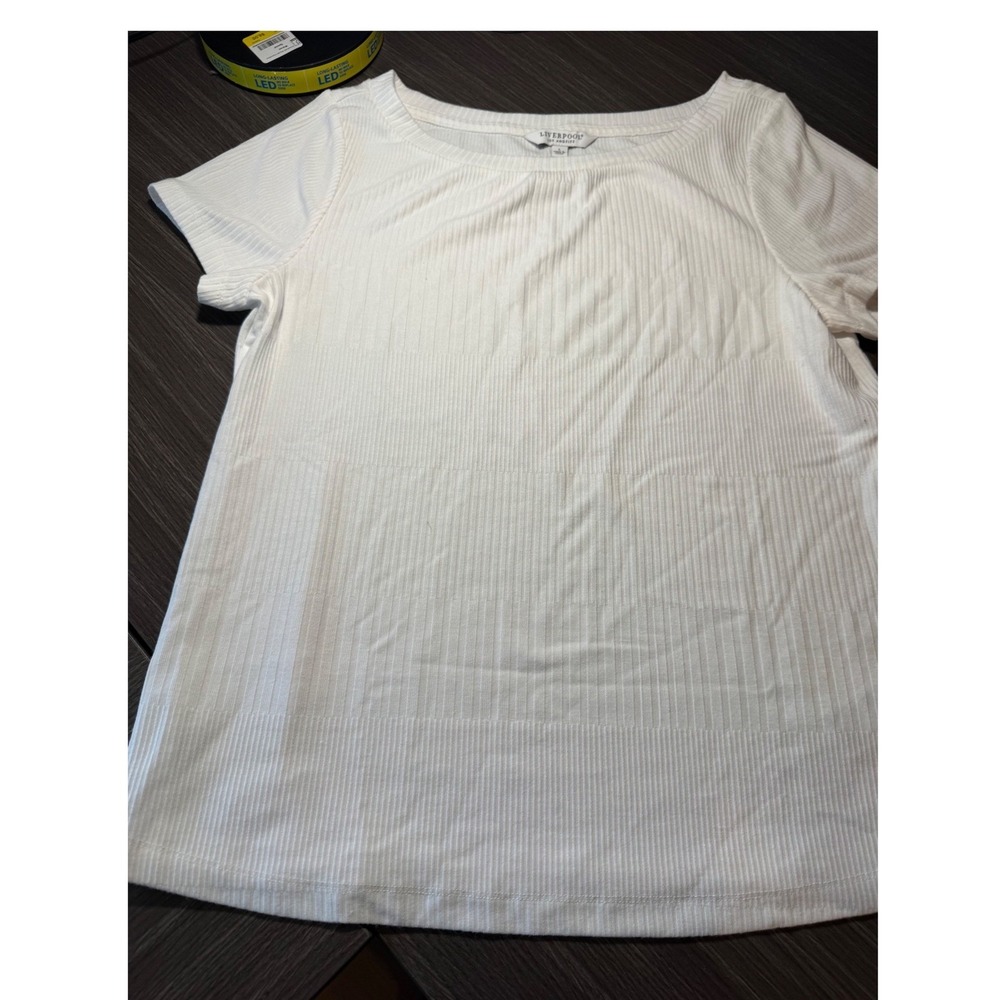 Liverpool Los Angeles Womens White Ribbed Knit Short Sleeve Scoop Neck Top Large